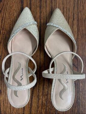 Nina Gold Glitter Pointed-Toe Strappy Heels (Size 6)
